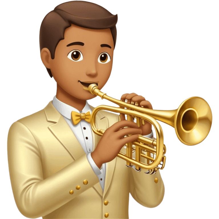 Cinematic Realistic Trumpet, polished brass with warm golden reflections, intricate valve details subtly highlighted, soft hands pressing the keys, glowing with bold and triumphant musical energy. emoji