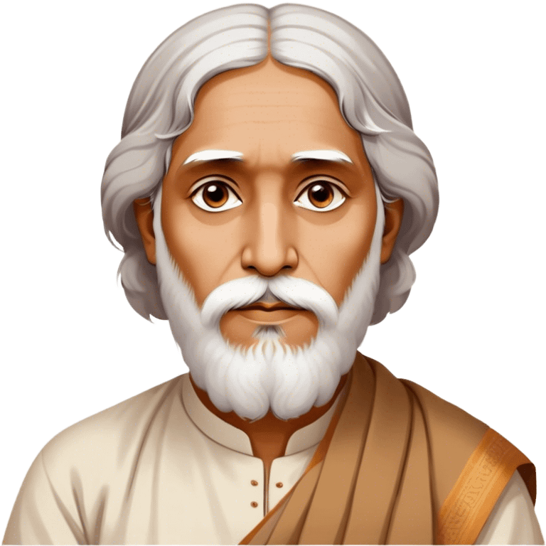 Rabindranath Tagore – Cinematic Realistic Portrait of Rabindranath Tagore, depicted with thoughtful, soulful eyes and gentle features, dressed in traditional Bengali attire with subtle artistic motifs, bathed in warm, soft lighting that evokes his poetic genius and timeless wisdom. emoji