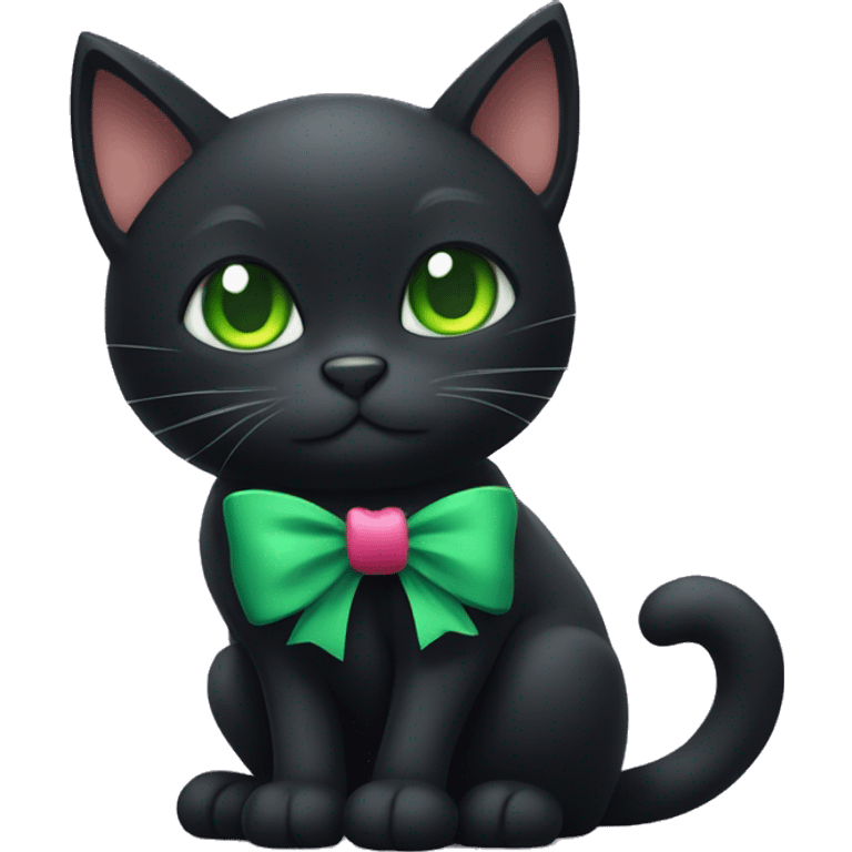 Black cat with green eyes with a bow around its neck emoji