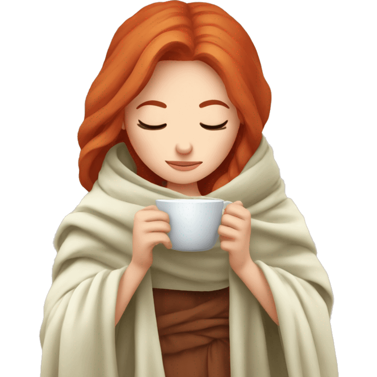 red hair girl wrapped in blanket drinking tea with eyes closed emoji