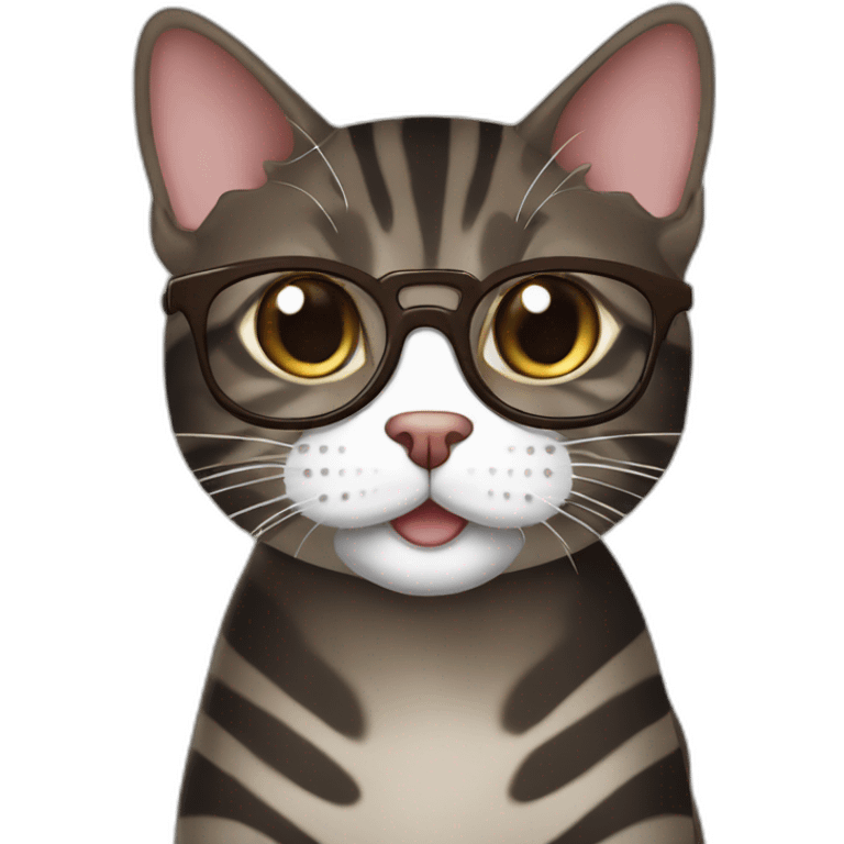 Striped wenge domestic shorthair cat with white mouth wearing glasses emoji