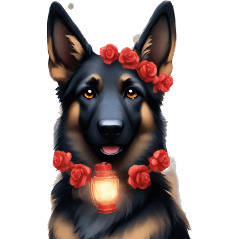 Bokeh Midnight starry night stars dark Brindled striped brindle black German shepherd fox carrying glowing red lantern, fairy lights, rose flower crown, bokeh lights, out of focus blur emoji