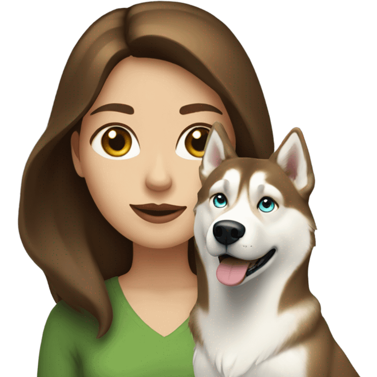 White Woman hair brown and bleus eyes and golden Husky With green eyes emoji