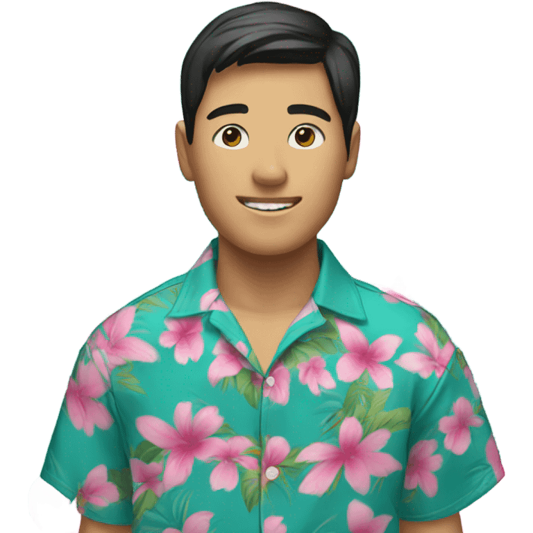 young asian man, teal hawaiian shirt with pink flowers emoji