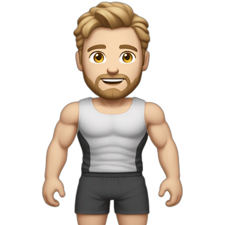 Full height Pale skinned muscular man With Realistic eyes and mouth, light brown hair and stubble In dark gray sleeveless mike, black oversize sports shorts, watch and white sneakers. emoji