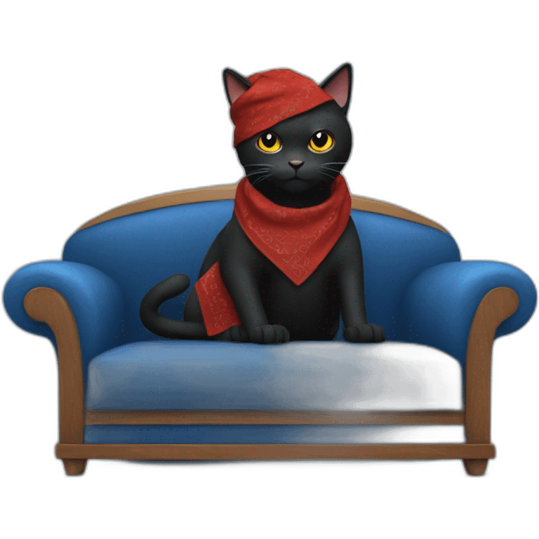 A black cat with a red bandana clawing at a blue sofa emoji