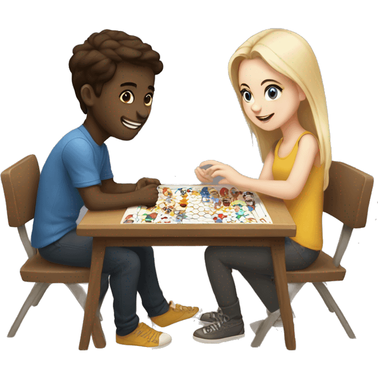 Two young people with white skin, one boy and one girl, are playing a board game. emoji