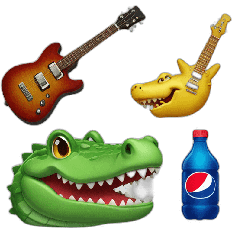 Crocodile with guitar and a bottle with pepsi emoji