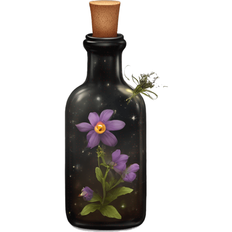 Black magic fairy light sparkling old Antique bottle with poison and with herbal and flowers emoji