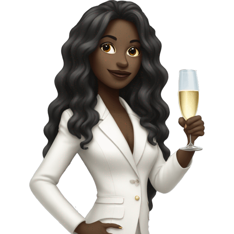 Black girl long hair in a white pantsuit, holding glass of champagne emoji