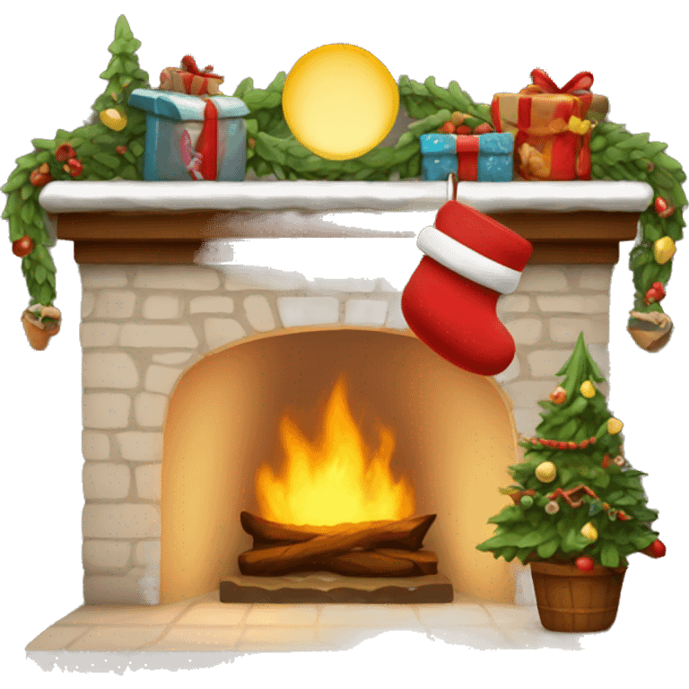 Happy holidays, fireplace, stocking hung, cozy setting emoji