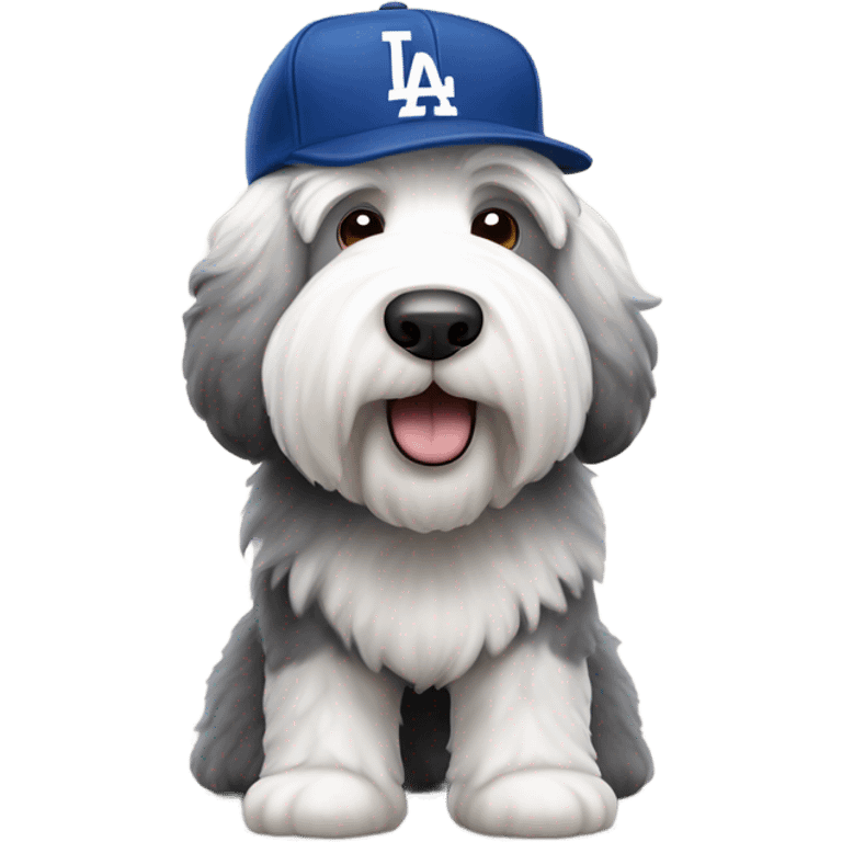 Old English Sheepdog full height wearing a dodgers hat emoji