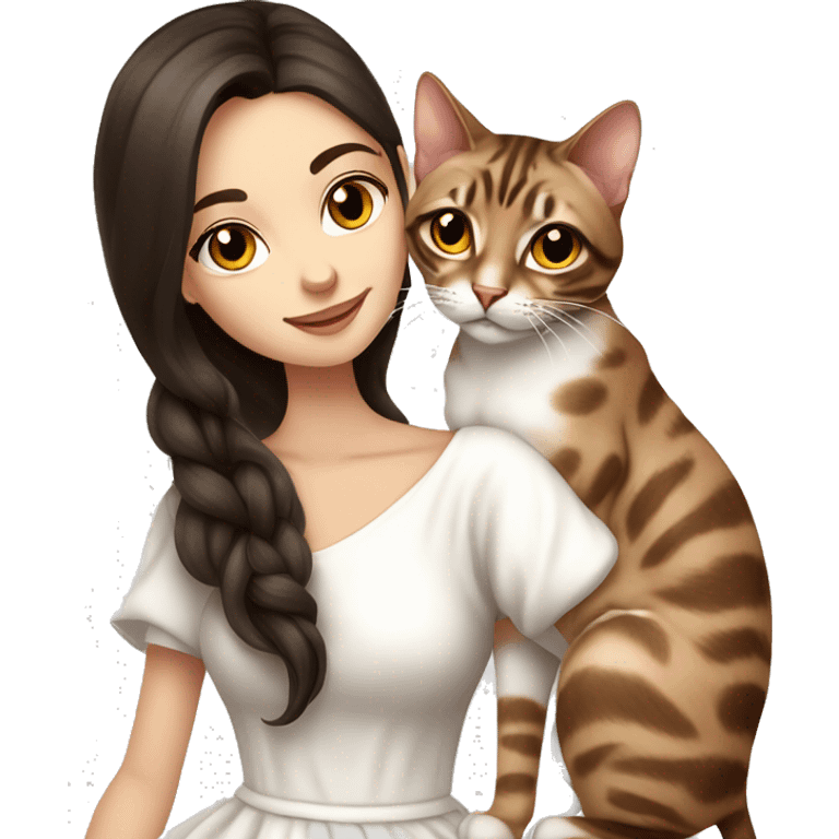 Beautiful skinny woman long dark brown hair in white dress hug bengal cat emoji