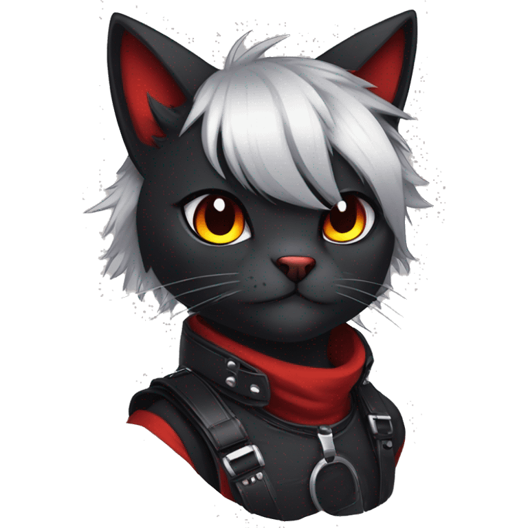 Anthro Edgy Cool Beautiful Black Cat-Fursona-Fakemon with Emo Hair-bangs with Red Streaks Chest Harness emoji