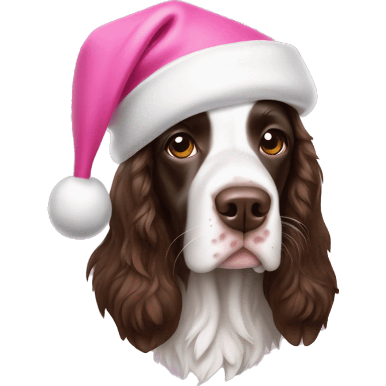 English Springer Spaniel wearing pink Santa hat emoji