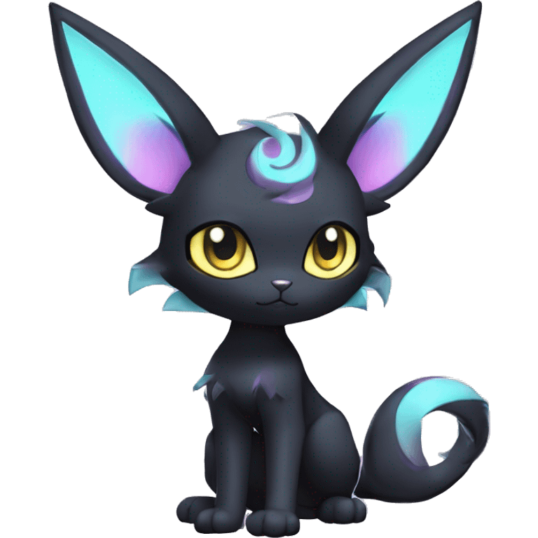 Shiny Cool Edgy pastel Black beautiful ethereal fantasy Kawaii Sona Umbreon-Espeon-Litten-Fakemon-cat-animal with edgy bat-ears black mane vtuber model Full Body emoji