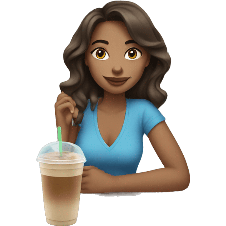 brunette girl drinking iced coffee  emoji