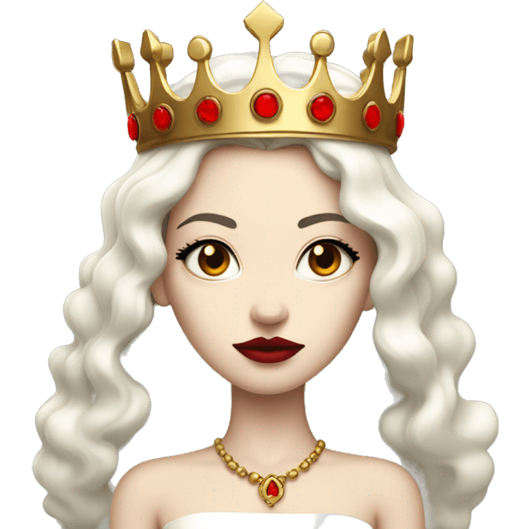 Queen with pale skin, long black hair, bright red lips, skinny gold crown, white dress, and evil stare.  emoji