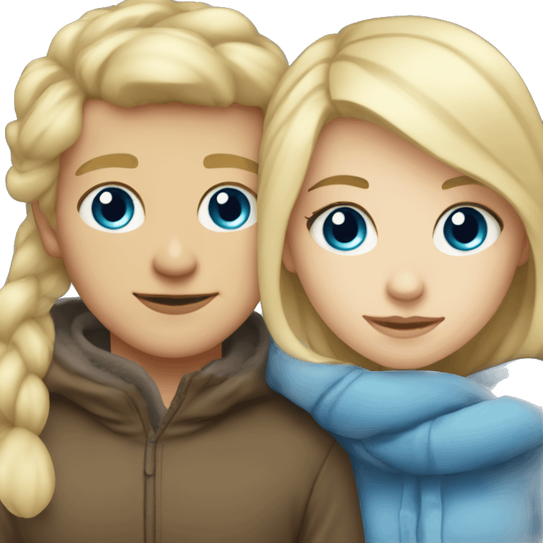 blonde girl cuddling with blonde boy blue eyed winter time emoji