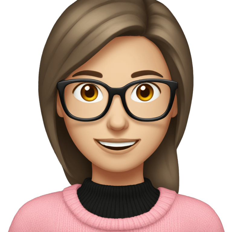 Russian smile Girl with straight brown hair and black glasses frame and in pink sweater working behind laptop emoji