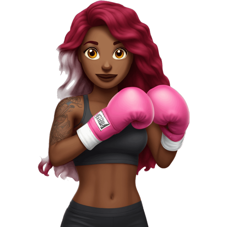 Beautiful tattooed  burgundy long haired woman boxing with pink gloves emoji