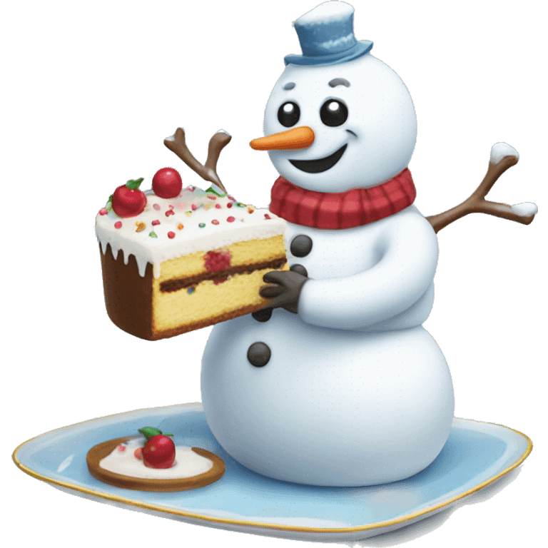 Happy snowman eating cake emoji