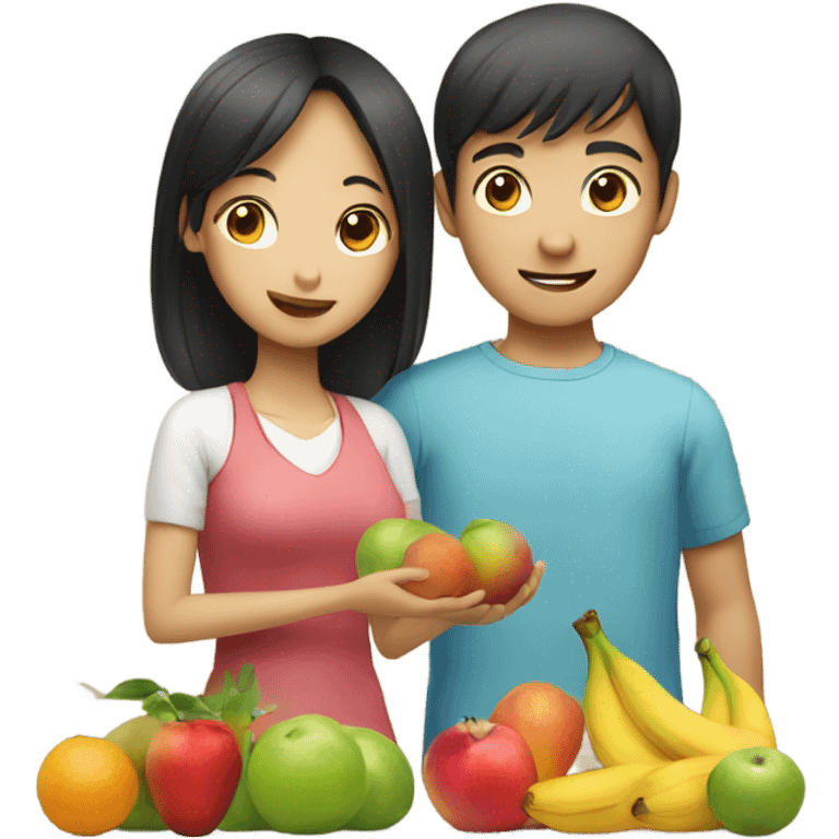 Asian girl giving fruits, man with blue eyes emoji