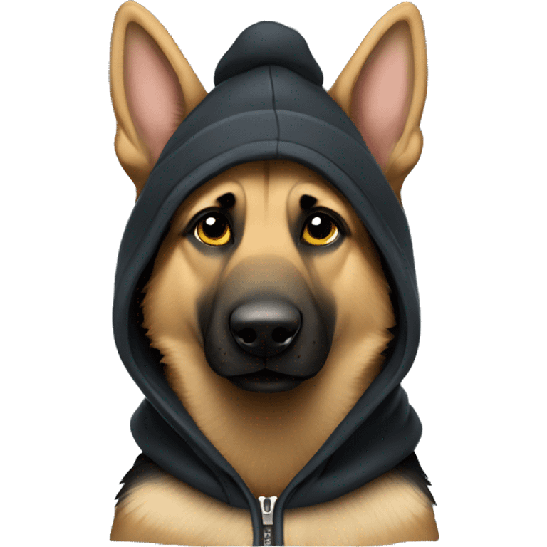 German shepherd wearing a hoodie with a beanie emoji