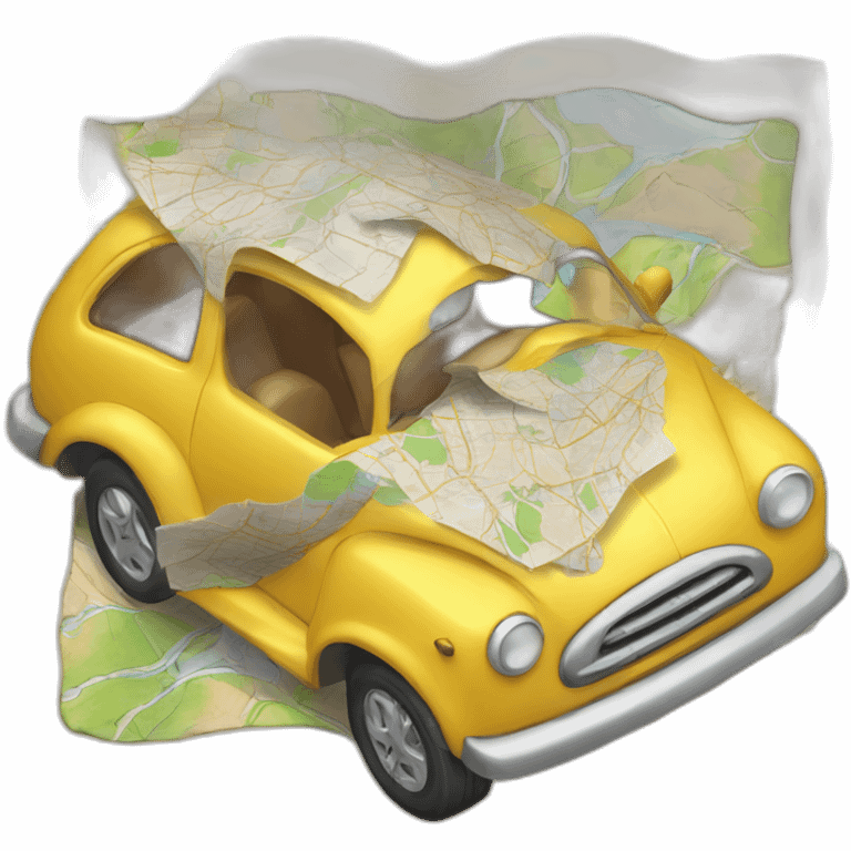 Anthropomorphic car crumpling a map emoji