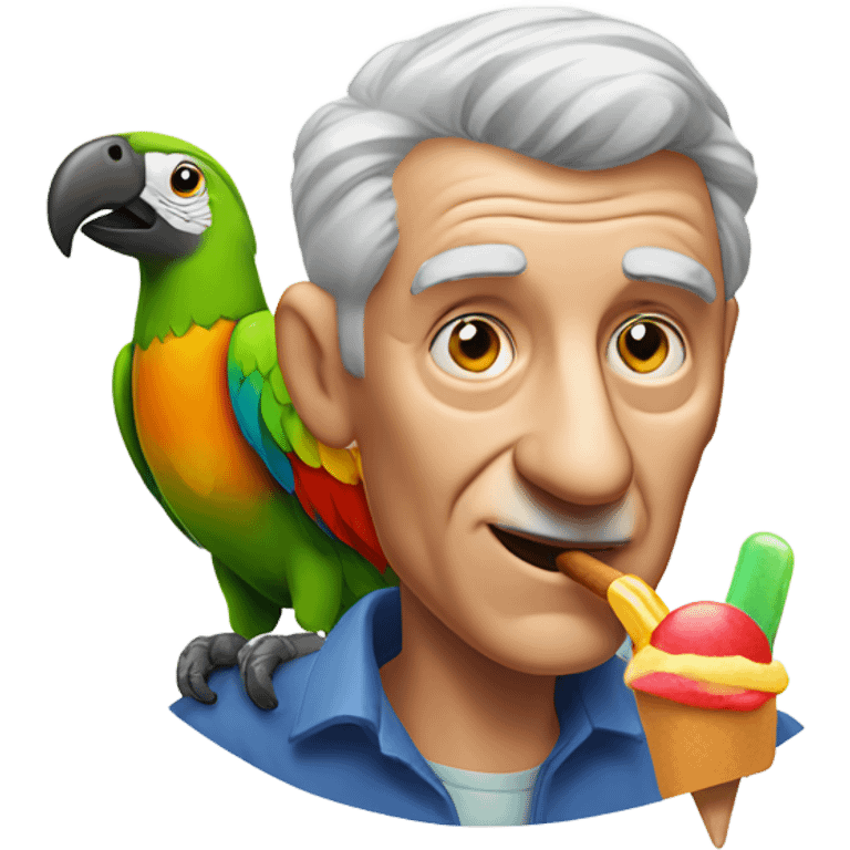 Old man with gray hair portrait with a colorful parrot on his shoulder eating a popsicle  emoji