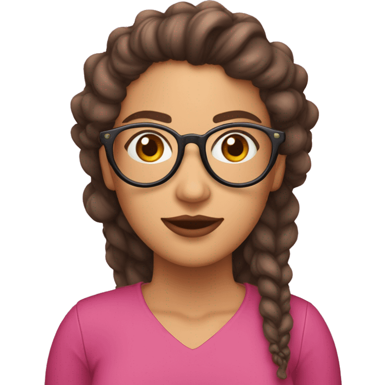 mujer con pelo largo, rizado y castaño, piel blanca con pecas y gafas redondas con montura rosa emoji