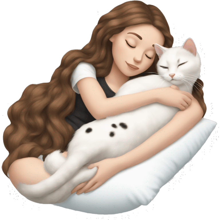 White girl brown hair sleeping with white kitty with black spots emoji