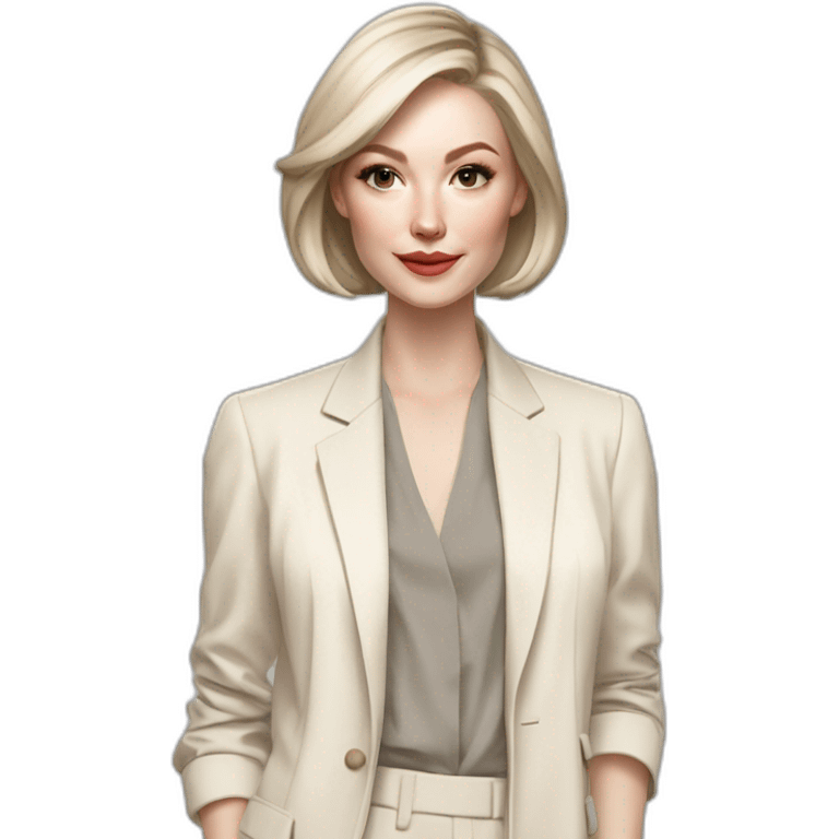 pale skin woman with ash blonde Straightened bob Hair, White Spacious classical jacket, beige palazzo Arrow pants and gray blouse holding a color palettes in the hands emoji