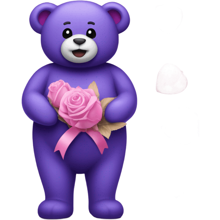 Big purple Teddy Bear holding chocolates and pink & purple roses emoji