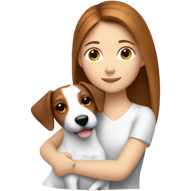 white girl with chestnutbrown hair hugging jack russell terrier emoji