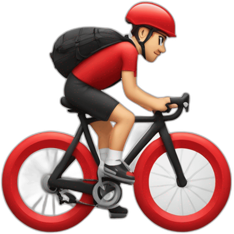 Garçon en tenue rouge sur un vélo noir vélo avec un sac tout rouge cubique, avec un logo qui représente une toque emoji