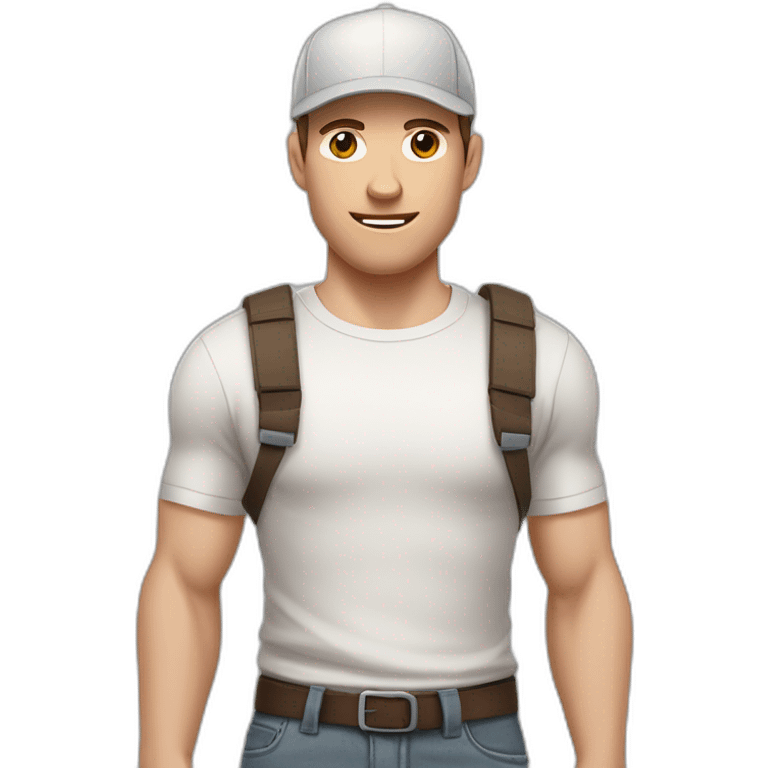 Pale skinned fit Man with dark brown hair in a light gray cap, dark brown jeans, brown polo and white T-shirt keeping a pasted with tape white box into his hands emoji