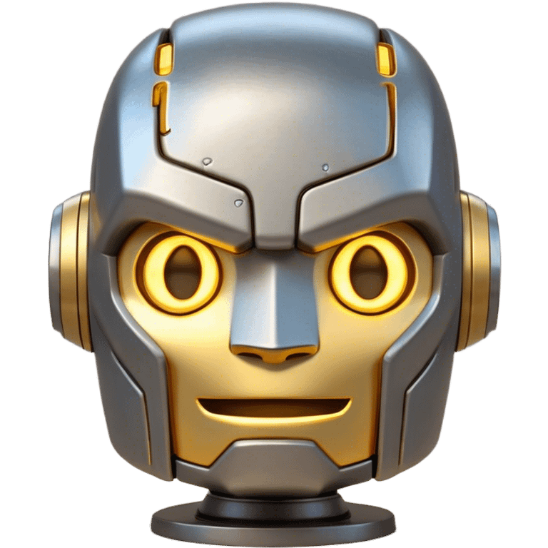 Cinematic Cute Mighty Iron Golem Portrait Emoji Head tilted playfully and inquisitively, featuring a sleek yet sturdy metal form with smooth, polished steel plating and glowing golden engravings, accented by faintly humming energy veins that pulse with life; rendered with lifelike clarity and soft, natural reflections, high shine, charming yet robust, styled with a touch of whimsical fantasy, soft glowing outline, capturing the essence of a watchful yet endearing golem, as if it might shift its massive head with a slow, thoughtful nod at any moment! emoji