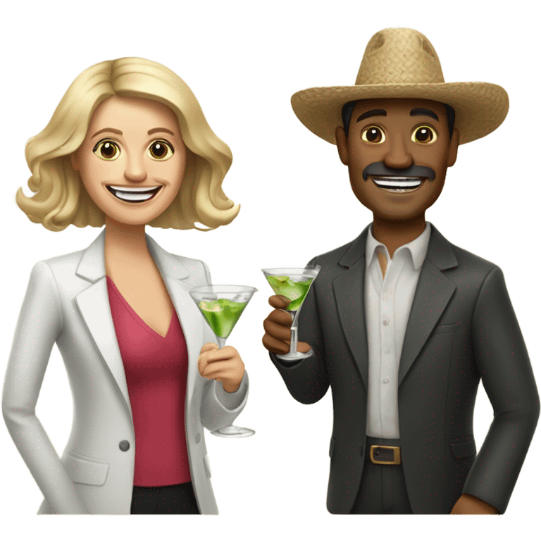 Mexican man and white woman holing a pill (medication) in one hand and a glass of martini in the other hand smiling and cheering emoji