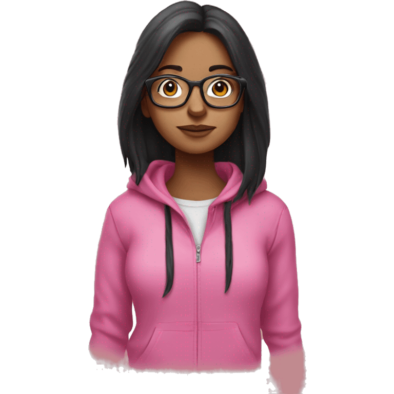 Long dark hair girl in pink hoodie in glasses  emoji