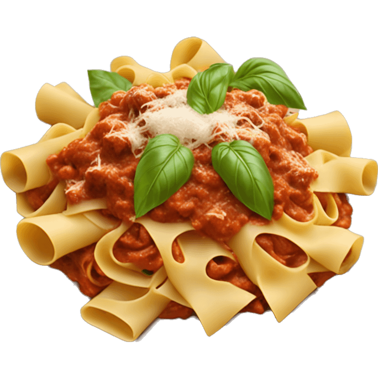 Plate of pappardelle topped with Bolognese sauce, cheese and basil  emoji