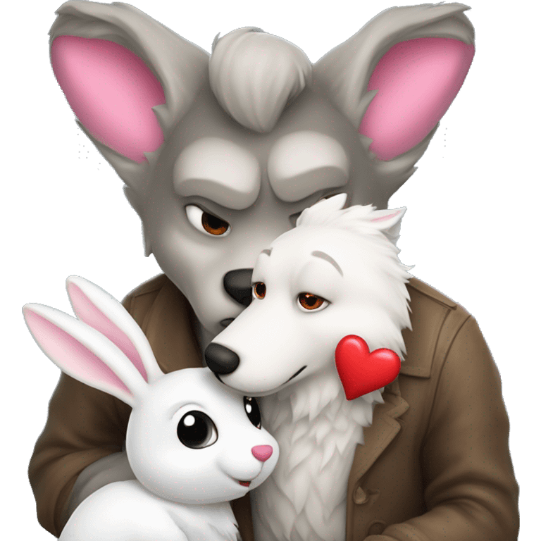 Old Wolf kisses a white Bunny who has pink ears, with big red heart between them emoji