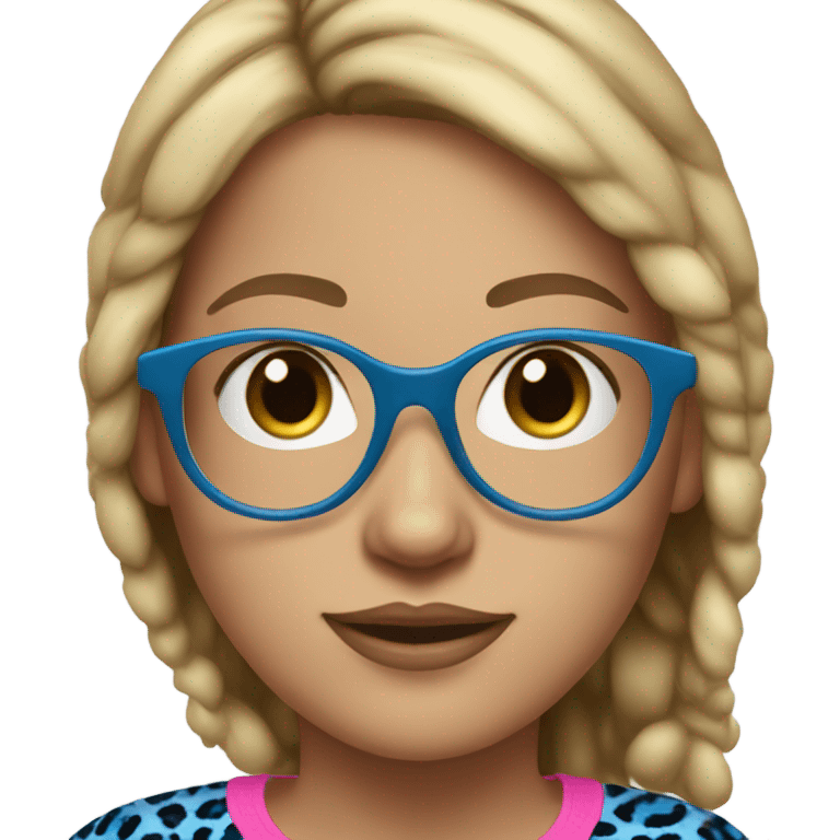 a blonde brown hair girl with blue leapard glasses and pink top emoji