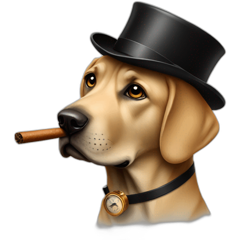 A Labrador wearing a monocle and a cylinder hat smoking a cigar emoji