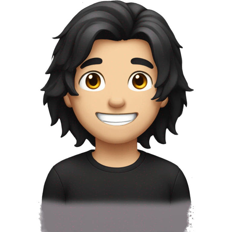 Boy with long black hair with black shirt and white teeth emoji