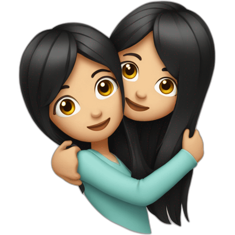 Two girls with medium and long black hair hugging emoji