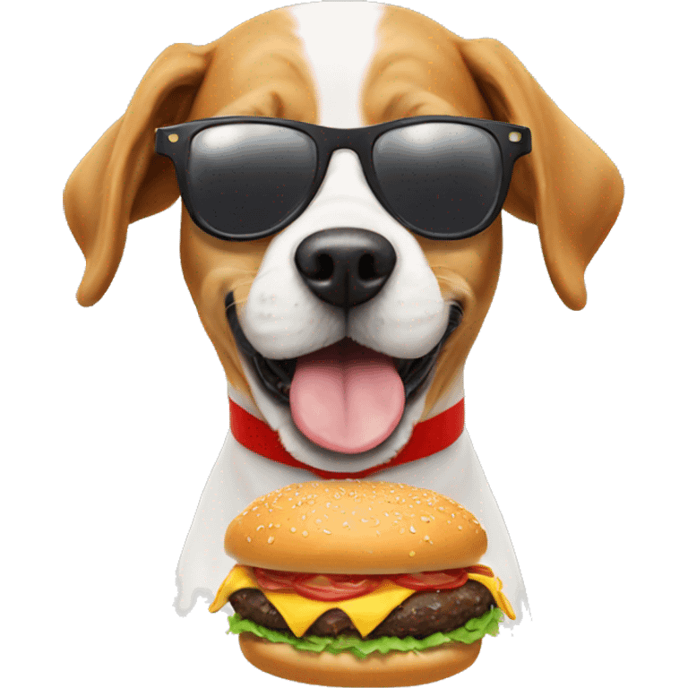 A dog wearing sunglasses and a Christmas hat while eating a burger emoji