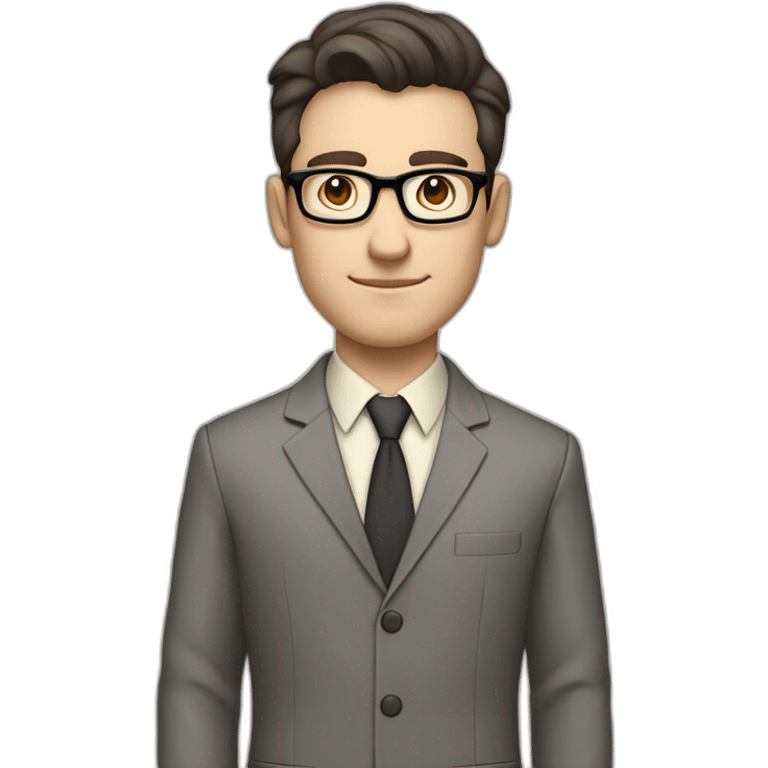 Full height Pale skinned Fit Man With dark brown hair in classic gray suit, beige office shirt, dark gray tie, and vintage glasses. His hands lock emoji