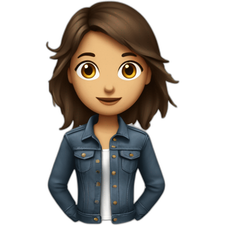 Petite fille brune aux yeux marrons, qui porte un jean un t-shirt rock et un perfecto en cuir emoji