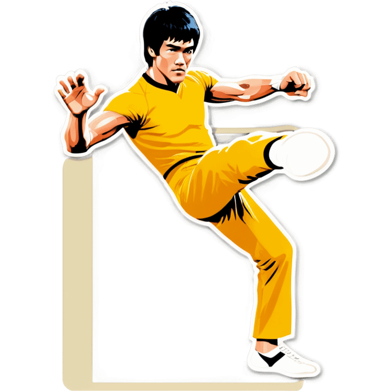 Bruce Lee in a kick pose with hand day STOP emoji